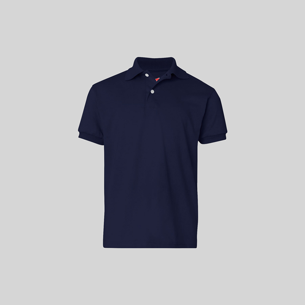 A prominently displayed navy polo shirt. Represents the polo category.
