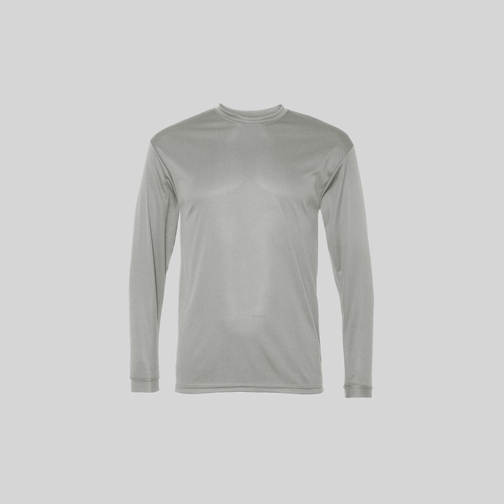 A prominently displayed gray long sleeve performance t-shirt. Represents the t-shirt category. Represents the performance and athletic category.