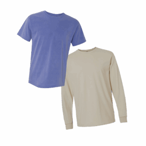 a violet t-shirt and a sand long sleeve t-shirt