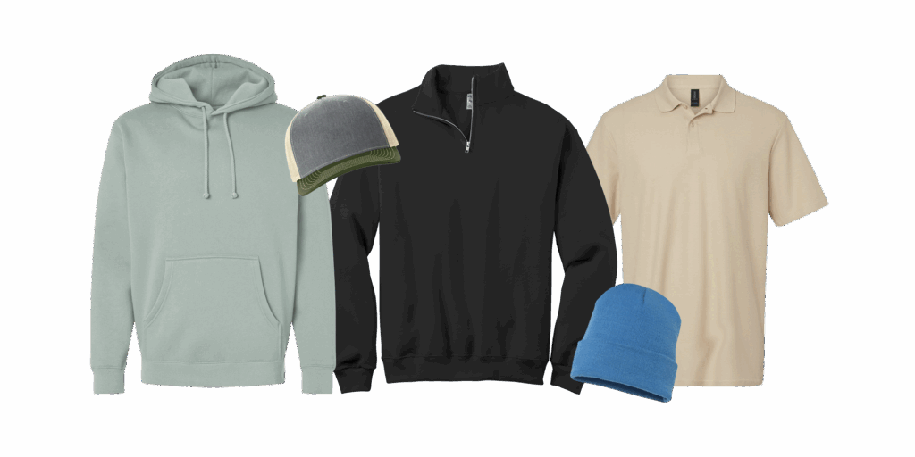 various pieces of apparel including a hoodie, a quarter zip, a polo, a cap, and a beanie