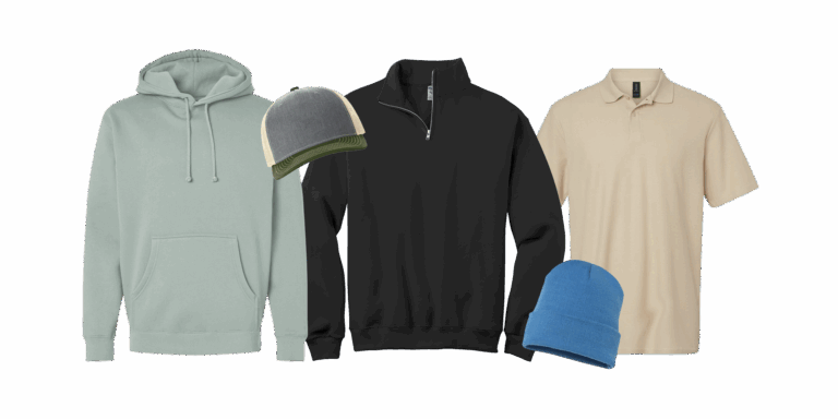 various pieces of apparel including a hoodie, a quarter zip, a polo, a cap, and a beanie