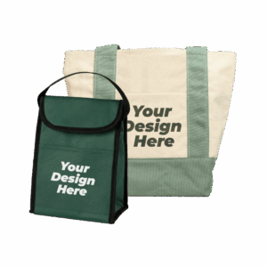 tote bag and lunch bag with "your design here" on them