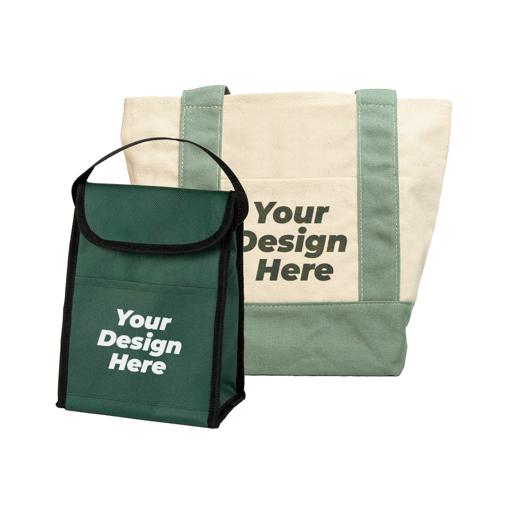 tote bag and lunch bag with "your design here" on them