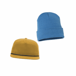 a gold and black cap and a light blue beanie