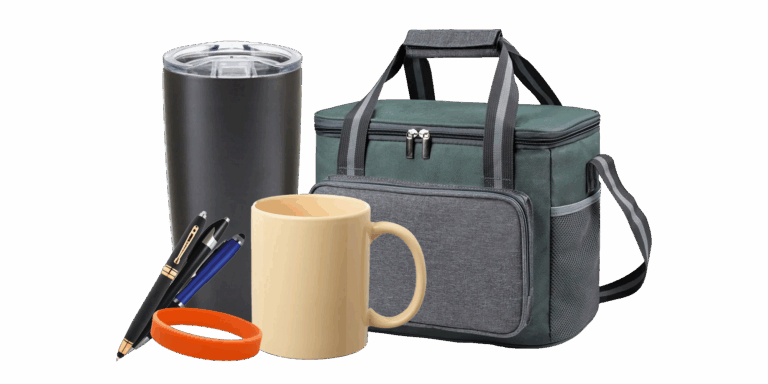 various promotional products including a cooler, a tumbler, a mug, a wristband, and pens