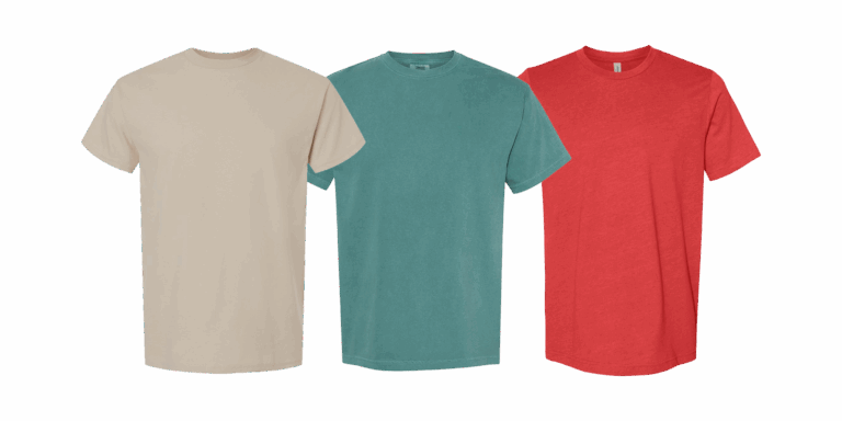three t-shirts, one from Gildan, one from Comfort Colors, one from Bella Canvas