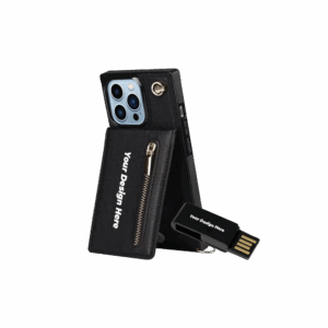 a phone case and a USB drive with "your design here" on them